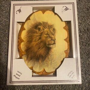 Vtg Rustic Wood Plaque Lion Artwork Print Ruane Manning Realistic Animal 7.5x6.5